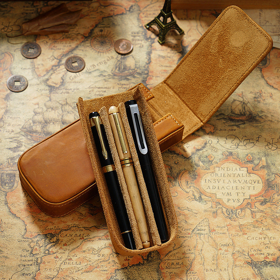 3-Slot Leather Magnetic Drawer Pen Case