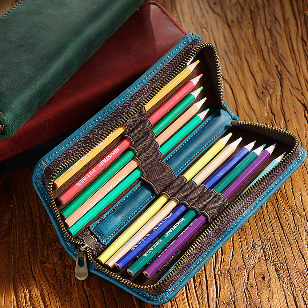 11 Pen Slots-Leather Pencil Case Zipper