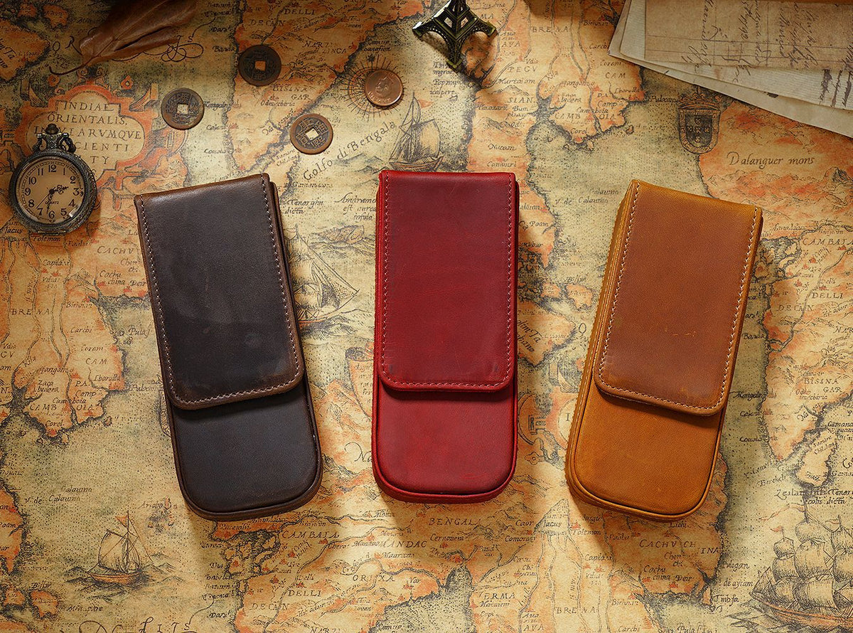 3-Slot Leather Magnetic Drawer Pen Case