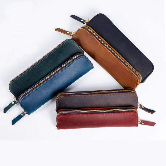 4 Elastic Pen Loops-Leather Zipper Pen Case
