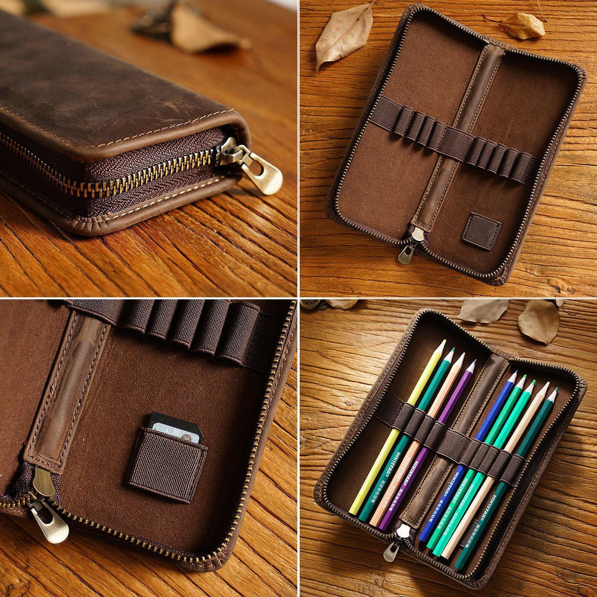 11 Pen Slots-Leather Pencil Case Zipper