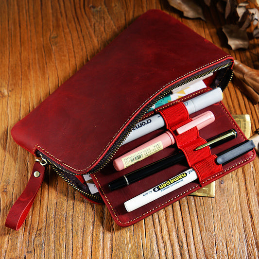 The Scribe's Vault — Vintage Leather Zipper Pen Case with Removable Pen Sleeve