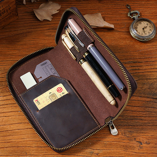 Leather 3-Pen Slot Zipper Pencil Case