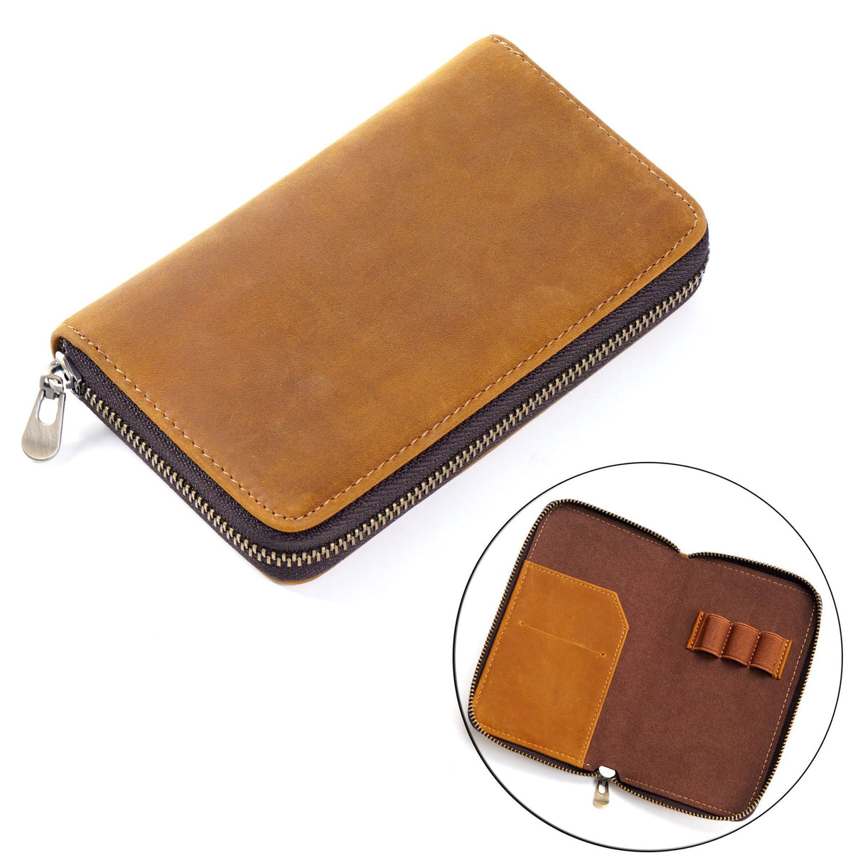Leather 3-Pen Slot Zipper Pencil Case