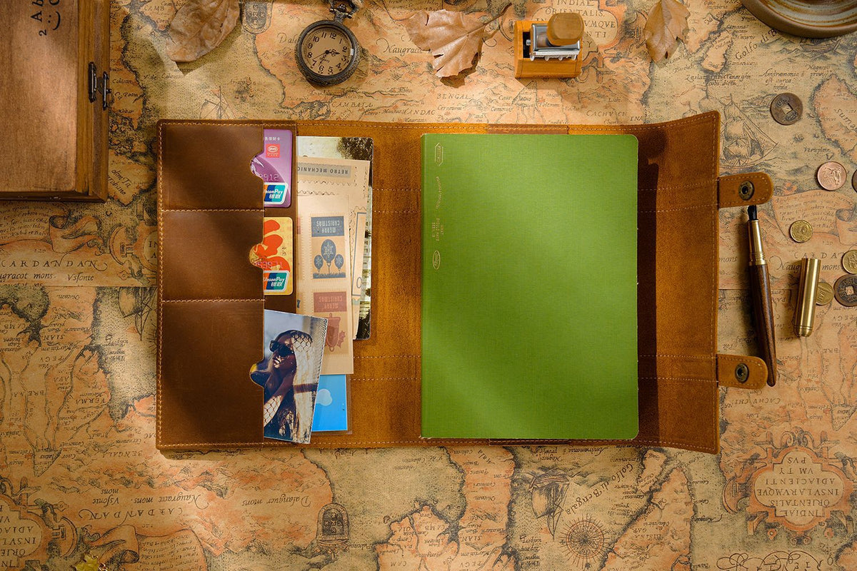 Fold & Tell – Triple-Fold Leather A5 Notebook with Dual Snap Closure