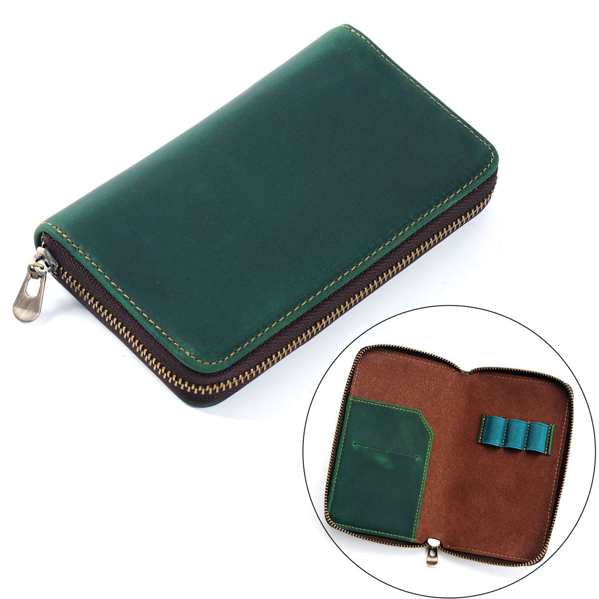 Leather 3-Pen Slot Zipper Pencil Case