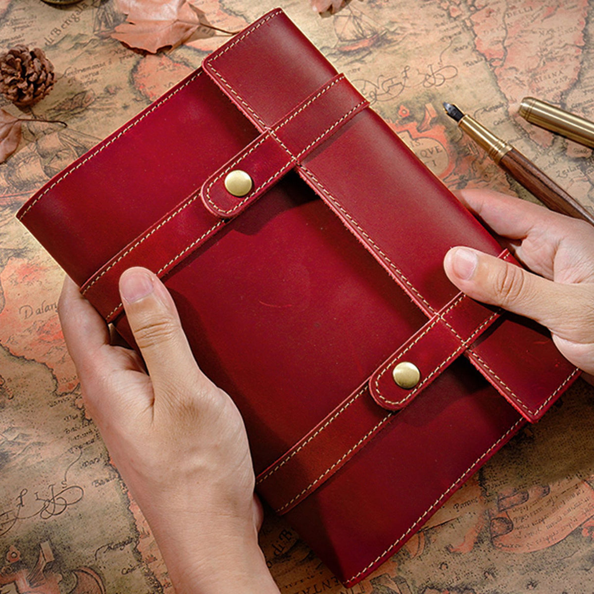 Fold & Tell – Triple-Fold Leather A5 Notebook with Dual Snap Closure